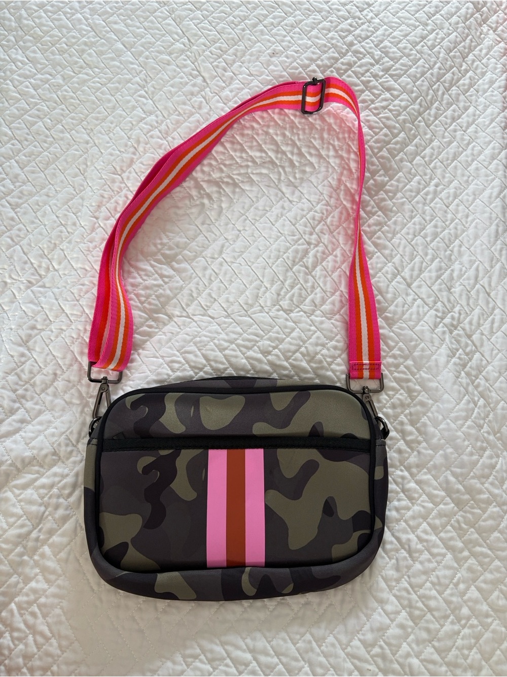 Camouflage Crossbody Bag with Pink Stripe